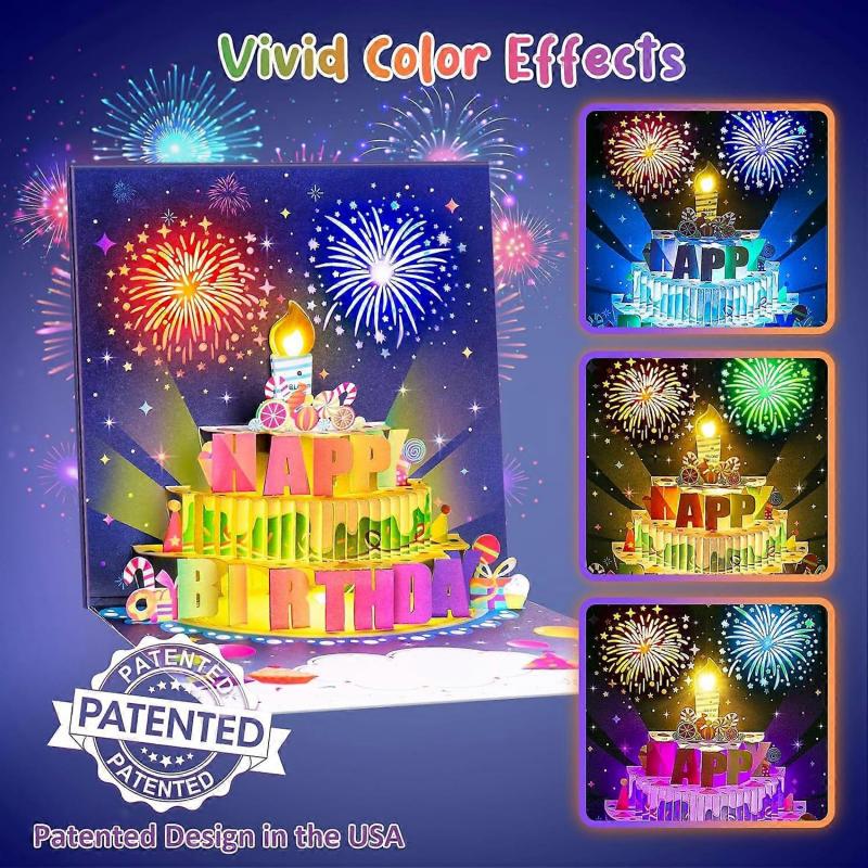 Birthday Cards Fireworks Pop Up Cake Blowable Light and Music Happy Birthday Card Gifts for Women Men Mom Kids