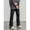 Black of Exit American Street Style Slit Hem Jeans, Trendy Design Straight-Leg Cargo Pants for Men