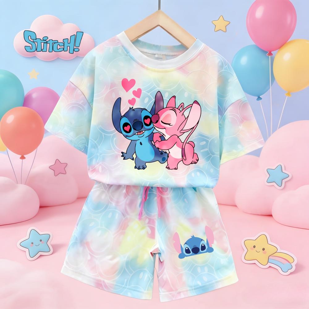 

Cute Stitch Print Tie-dye Smile Tees Girl Summer pajamas Kawaii Smile Face Short Sleeve Outfits Short Sleeve T-Shirt and Shorts 100