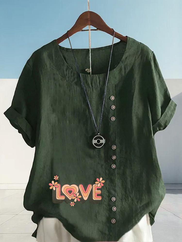Women's Fashion Love Letters Print Casual Cotton Linen Short Sleeve Round Neck T-shirt Shirt Leisure Loose Summer Blouse Tops