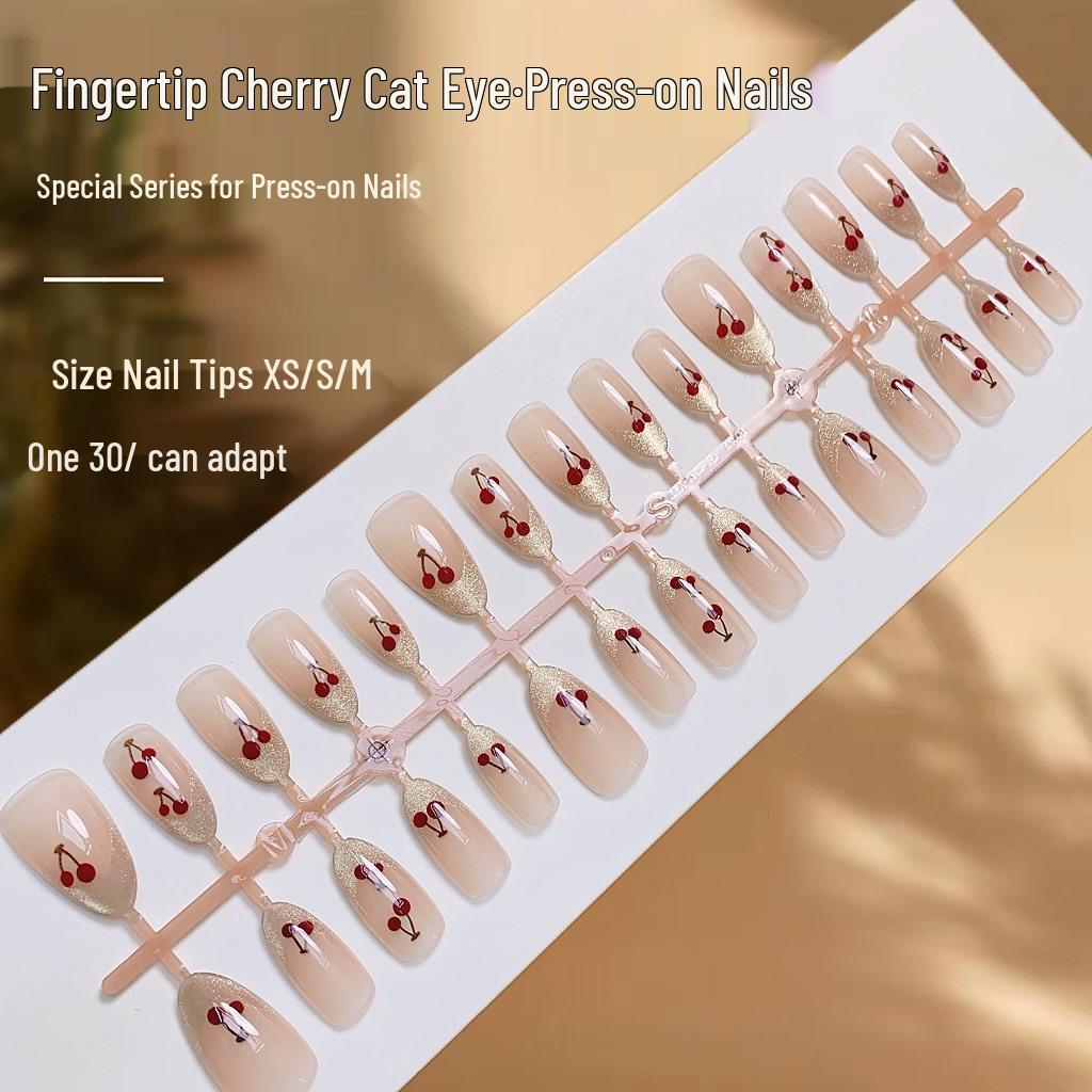 

French Cherry Cat Eye Wearable Nails - Pre-made and Versatile Fake Nails