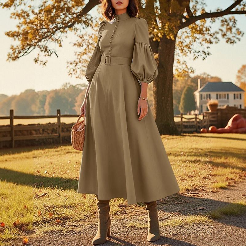 

ZANZEA Женское модное платье А-силуэта с элегантным повседневным воротником-стойкой и рукавом 3/4 2XL хаки