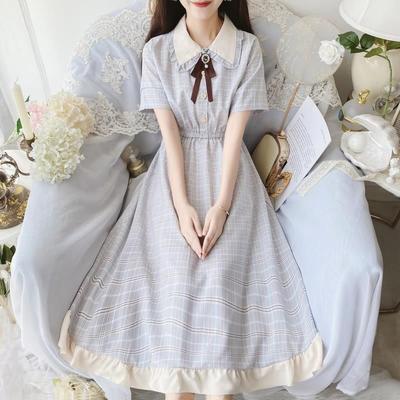 Girls' Fashionable Dress for Summer, Children's Doll-necked Pleated Checkered Chiffon Dress