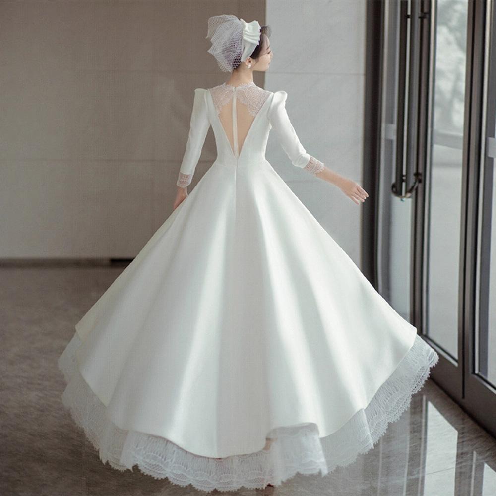 French long-sleeved light wedding dress 1011 new white simple satin niche square collar engagement robe dress