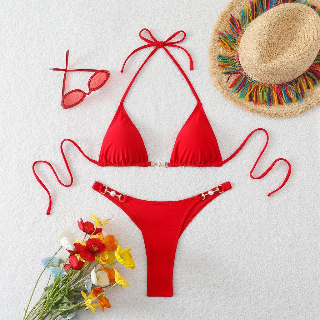 1011 European and American New Women's Split Solid Color Sexy Triangle Bag Bikini Tether Leaking Back Swimsuit Women's Bikini