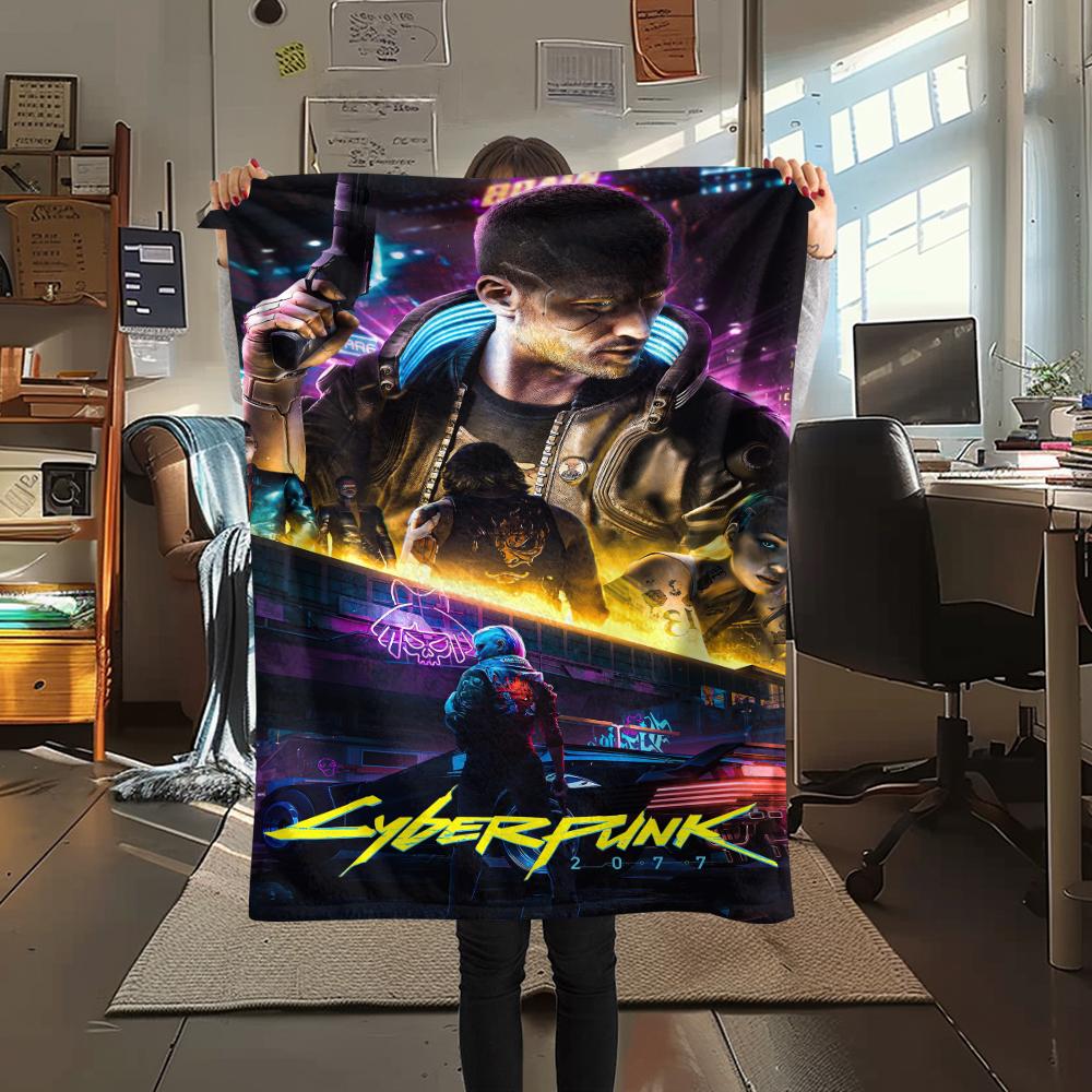1Pc Cyberpunk Print Flannel Blanket, High quality Comfortable for All Seasons, Home Decor, Warmth and Comfort, Perfect for Christmas Gifts
