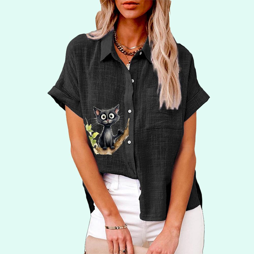 Übergröße Damen Mode Print T-Shirt Sommer&Herbst Lässig Leinen Geknöpftes Hemd Damen Locker Kurzärmelige Bluse