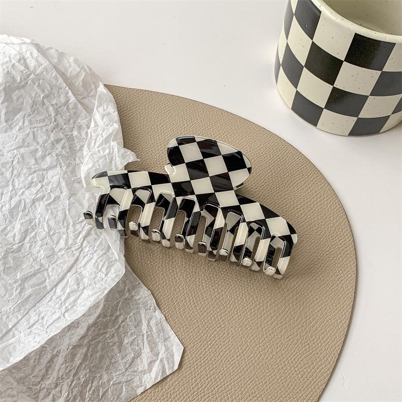 Black & White Checkerboard Shark Hair Clip - Elegant Summer Accessory