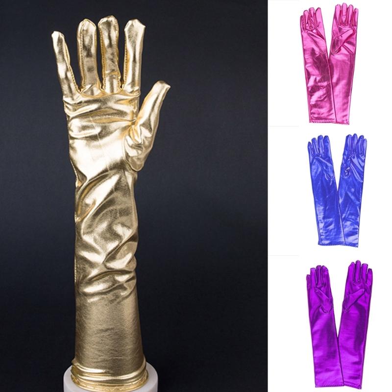 Women Faux Leather Sparkly Metallic Long Gloves for Evening Costume Party Dance