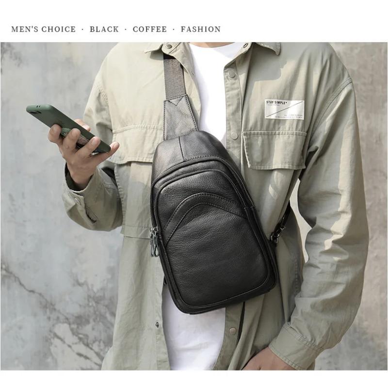 Men's Chest Bag, Genuine Leather Crossbody Bag, Men's Wear-resistant, Expandable, and Reduced Weight