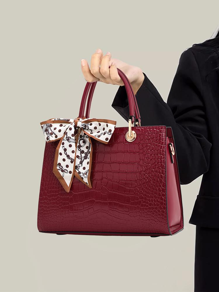

Women s Red Crocodile Pattern Tote Bag with Polka Dot Scarf Bow – Fashionable Leather Handbag for Work & Daily Use