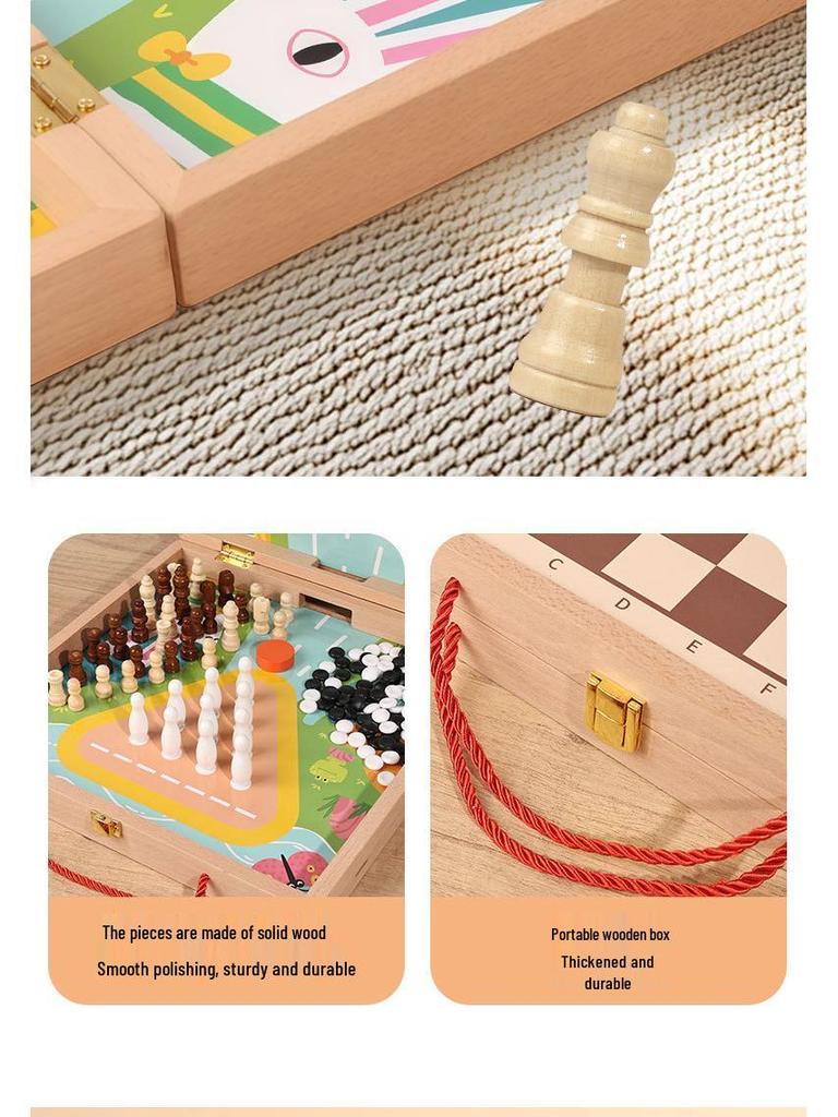Double-Sided 4-in-1 Wooden Game Set: Chess, Five-in-a-Row, Go, Bowling - Children's Educational Toy