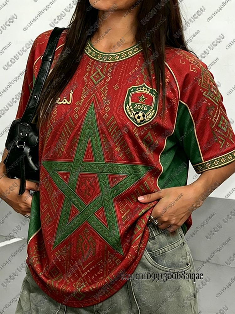 2026 Morocco Vintage Red Print Football T-shirt For Women Quick-dry O-neck Short Sleeve Fans Uniform Y2K Sports Football Jerseys