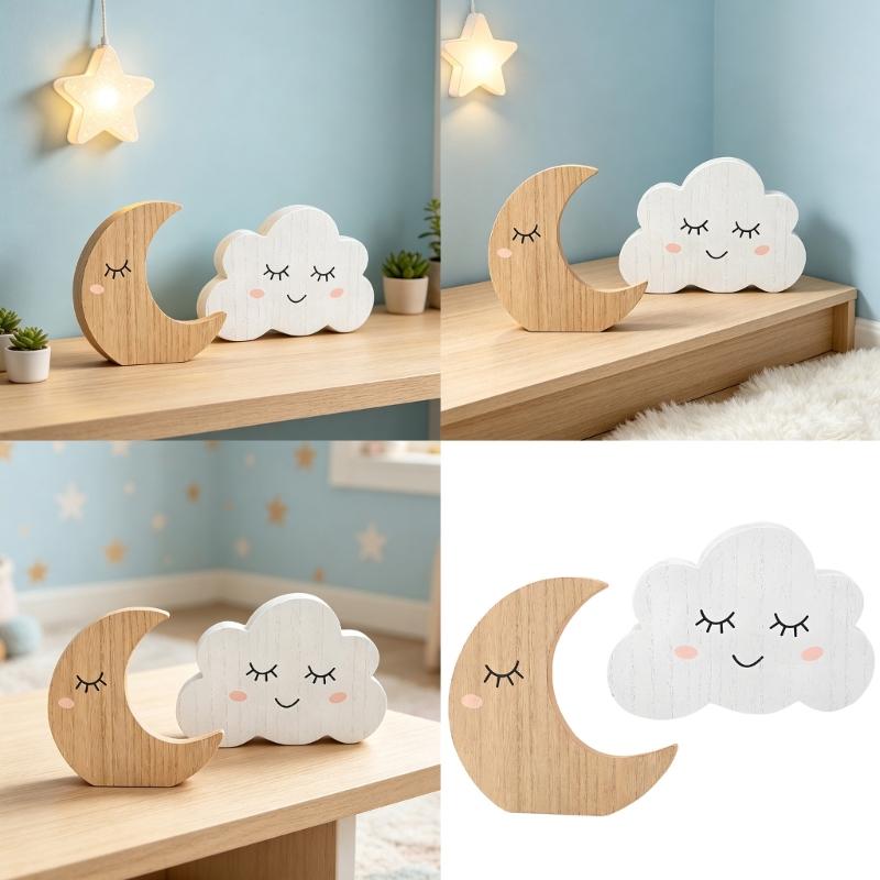 Nursery Shelf Accent Set, Wooden Moon and Cloud Room Display Decorations Pair for Tabletop Bookshelves Accessories Gift