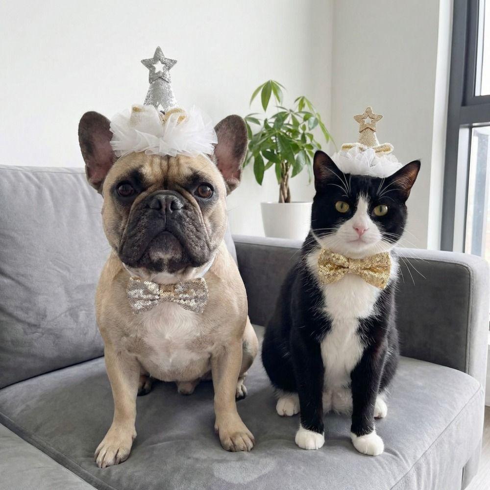 Adjustable Cat Birthday Party Hat Comfortable Fit Decorative Cat Princess Hat Star Sequins Dog Party Headband for Cats and Dogs