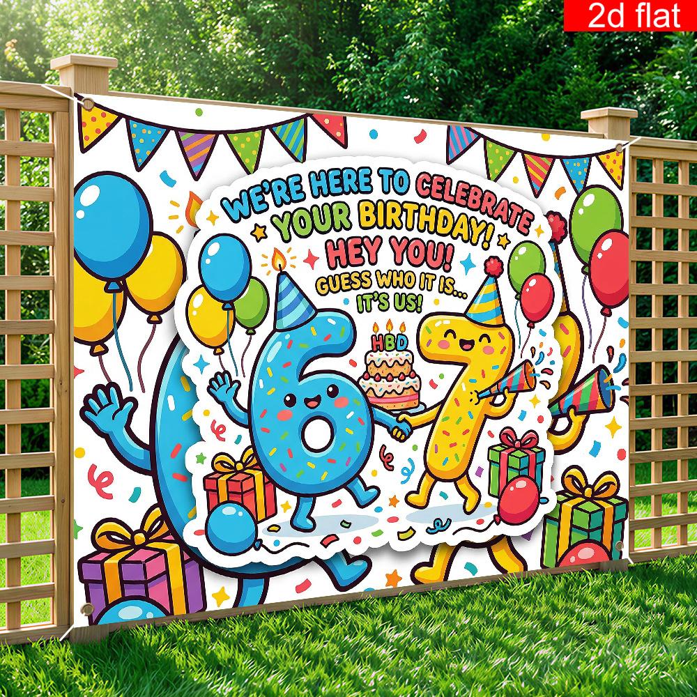 2D Flat Banner, 1 Piece, Cartoon Style 6/7th Birthday Theme Party Banner Background, Polyester, Birthday Cake