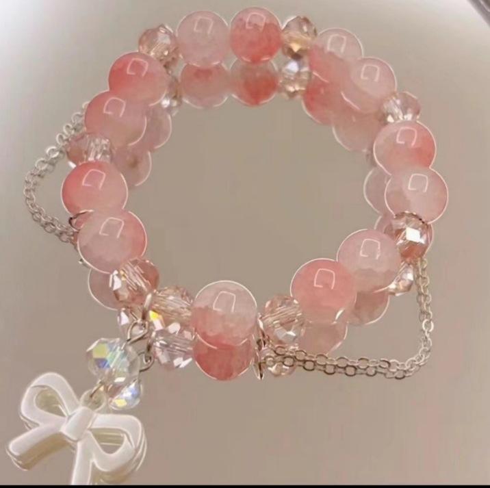Bohemian Sweet  Beaded Bracelet for Women Girls Pink Color Imitation Jade Crystal Hand Jewelry Birthday Party Gifts