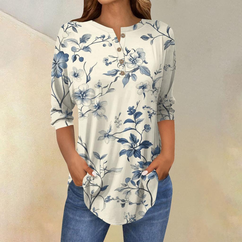 Damenmode Lässig Dreiviertelärmel Blumendruck Rundhals T-Shirt Top