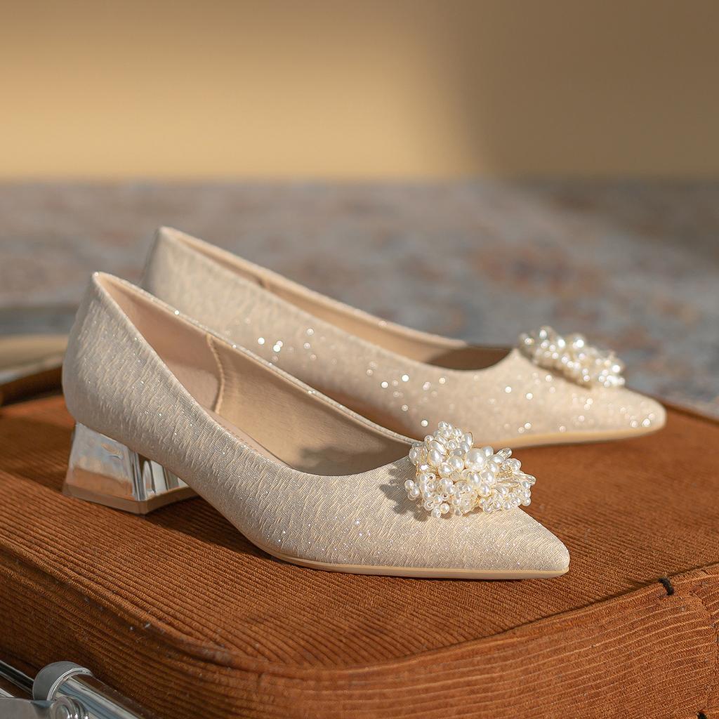 Pointed Low-heeled Thick-heeled Bridesmaid Shoes Women's Spring 2025 New French Niche Commuter Banquet Shoes