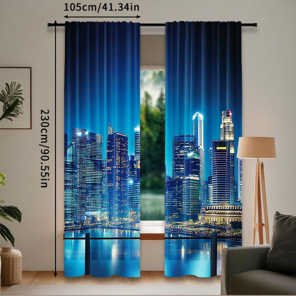 Set Of 2 Cityscape Curtain Big City Night Panorama Balcony Skyscrapers Bedroom Living Room Dining Polyester Perfect For