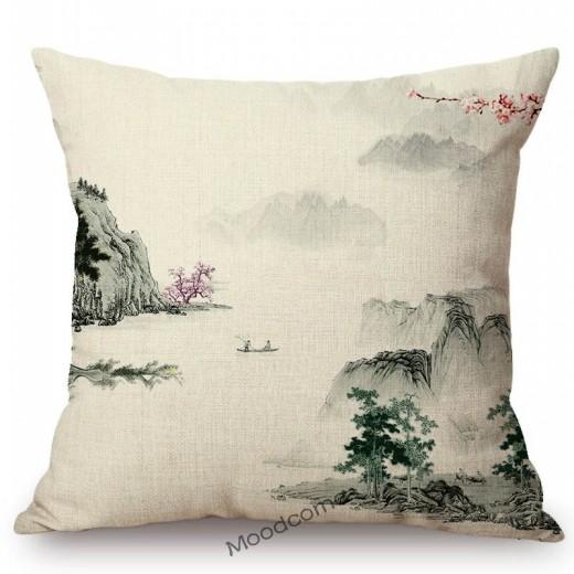 Traditional Chinese Ink Oil Painting Mountain Scenery Cotton Linen Sofa Throw Pillow Case Home Decoration Car Cushion Cover Case