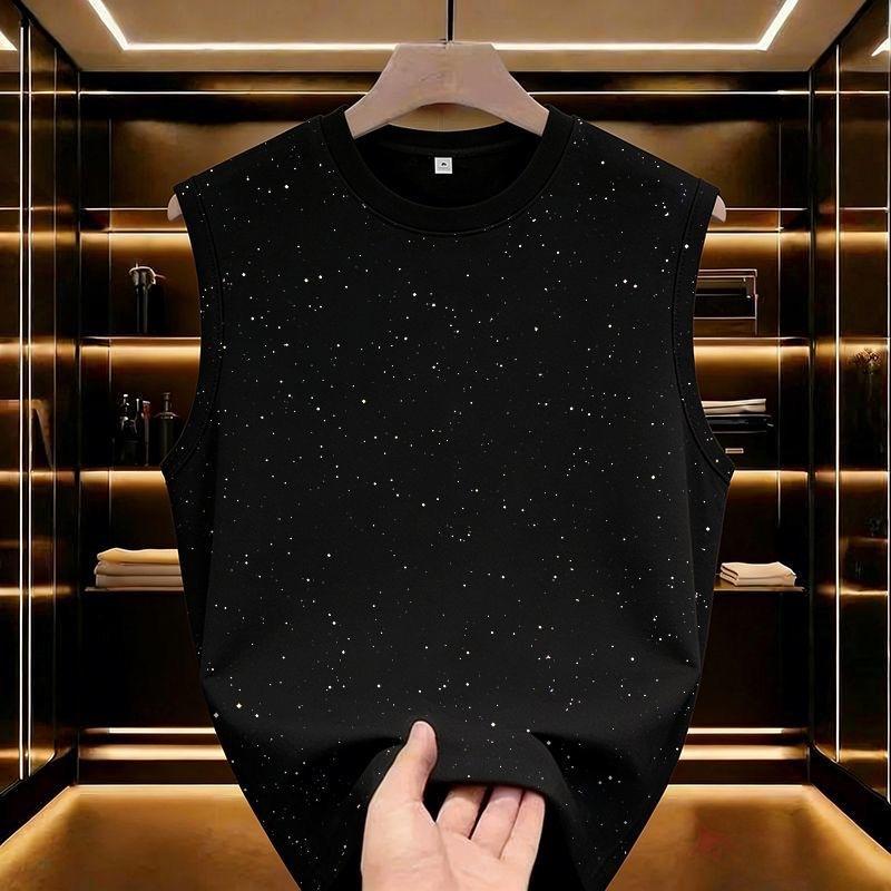 Men's Sleeveless Vest Star Glitter Powder Hot Diamond Crew Neck Loose Breathable Sports Top