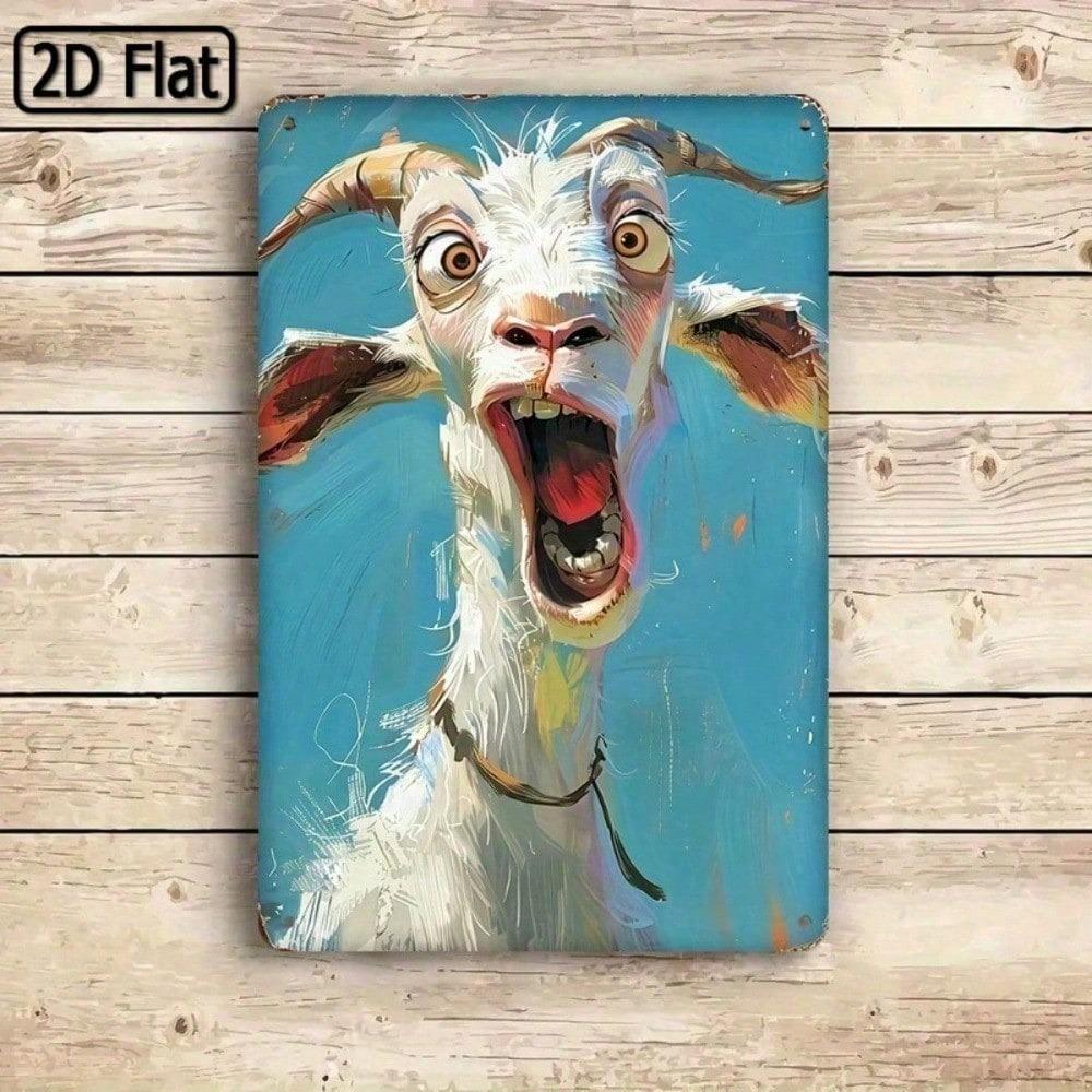 1PC 2D Flat Metal Tin Sign, Funny Screaming Goat Portrait Wall Art, Whimsical Blue Background Animal Poster, Rustic Farmhouse Decor