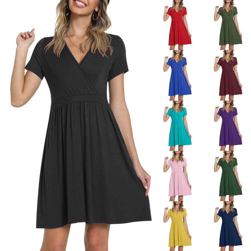 Women's Casual Fasion Solid Color Cross V-neck Short-sleeve Waist A-line Big Swing Dress