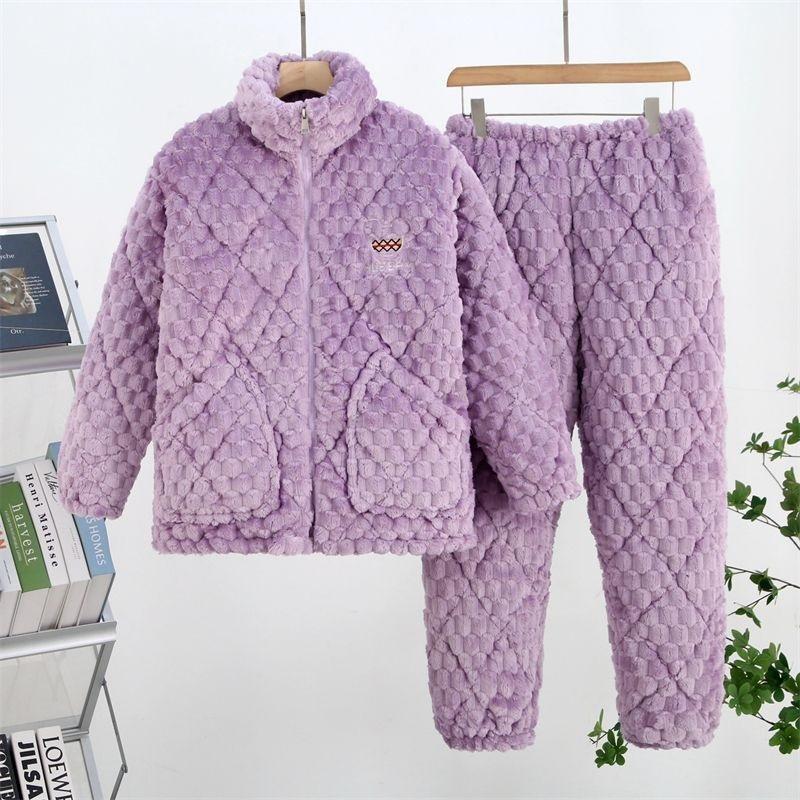 Thickened pajamas women's winter three-layer coral fleece padded cotton can be worn outside, plus sweet loungewear set