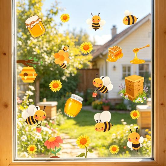 Spring Summer Bee Window Clings Honey Bee Static Glass Stickers Sunflower Honeypot Bee Removable Decals for Home Party Shop Glass Decor