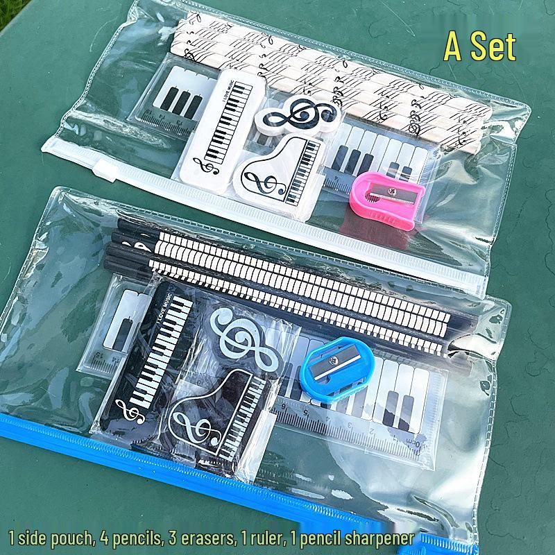 Music Note Pattern Student Stationery: Wooden Pencil and Eraser Set for Children