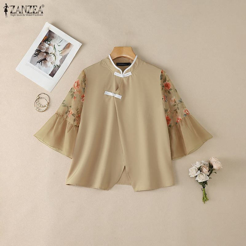ZANZEA Women Elegant Casual Stand Collar Floral Print Splice 3/4 Sleeve Blouse