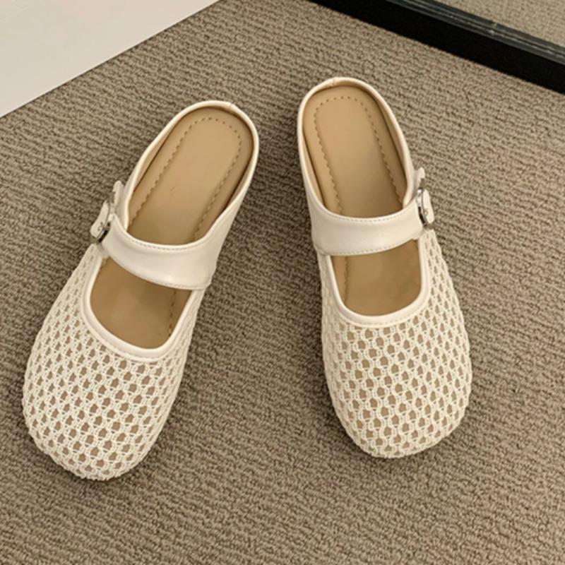 

Женские модные туфли-баотоу с мелким вырезом из сетчатой ткани, дышащие, с металлической пряжкой, на мягкой подошве, противоскользящие, износостойкие, на плоской подошве 35 бежевый