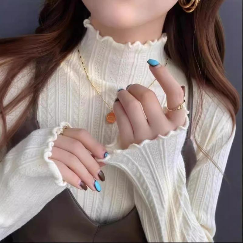 Fungus Edge Knitted Sweater Women's New Chic Top Semi-turtleneck Bottoming Shirt Women's Autumn and Winter Wear