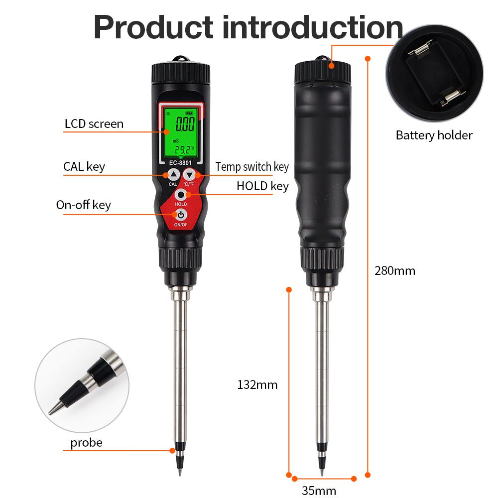 2 In 1 Soil EC Meter Handheld Digital Soil Tester Multifunction EC Temp Detector Backlit Soil EC Analyzer for Garden Greenhouse