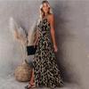 Sommerkleid für Damen, Neckholder, offener Neckholder, V-Ausschnitt, elastische Taille, sexy Print, langes Kleid