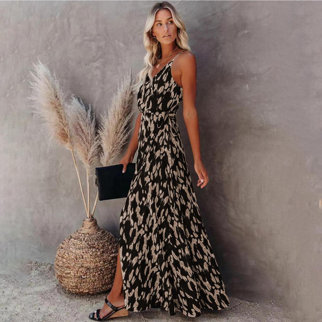 Sommerkleid für Damen, Neckholder, offener Neckholder, V-Ausschnitt, elastische Taille, sexy Print, langes Kleid