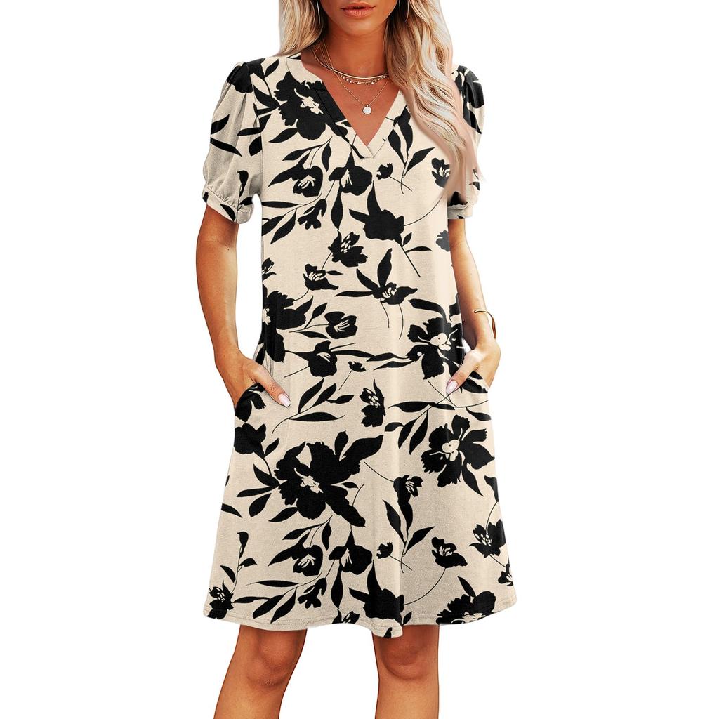 Women's Summer V-Neck Casual Beach Dresses Pod Short Sleeve Vintage Floral Print Dresses
