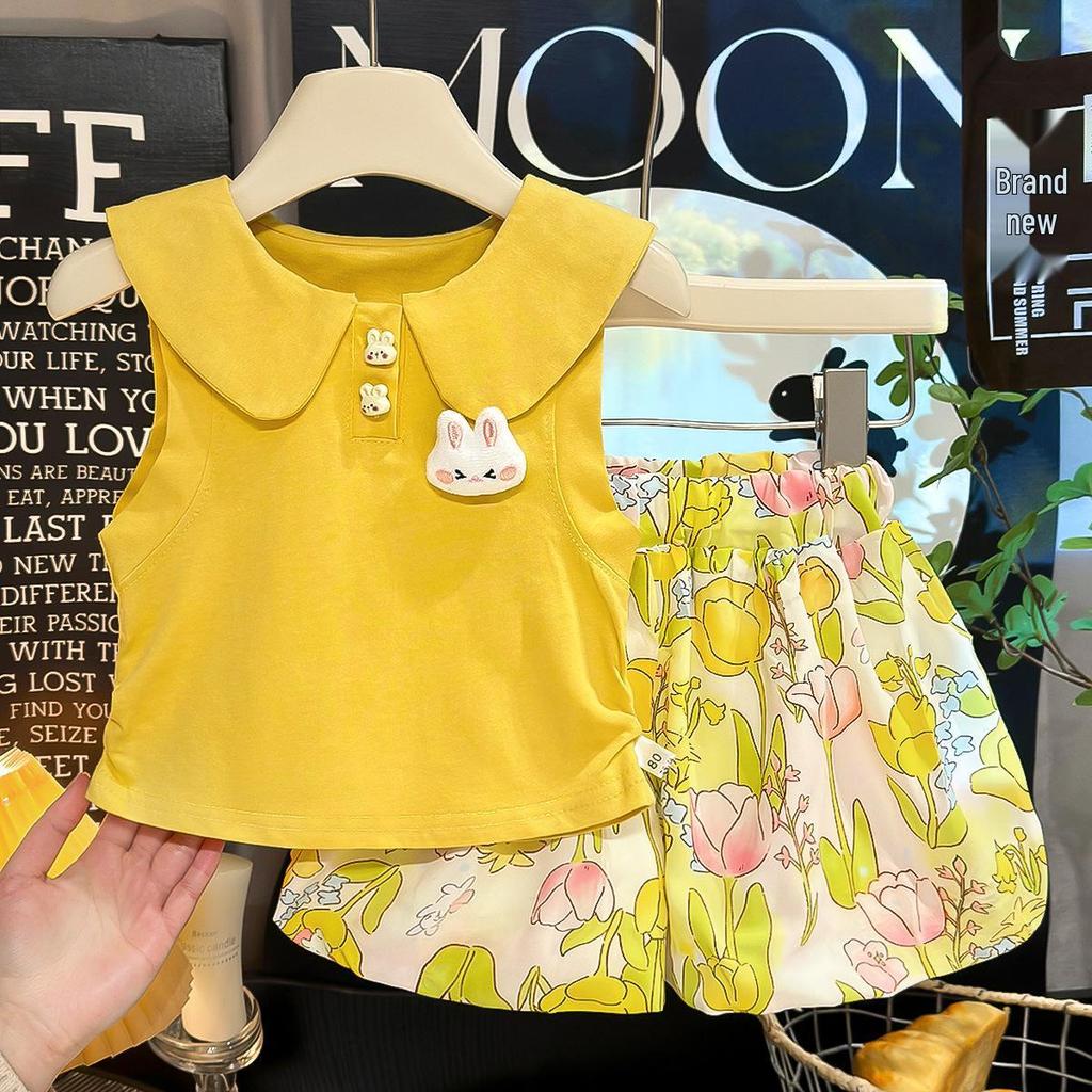 Sommer 2026 Niedliches Puppenkragen Kaninchen Blumen-Bubble-Hosen-Set für Kleinkind-Mädchen