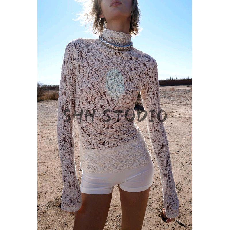 Spring New Women's Clothing French Style Design Pure Color Lace Long Sleeves Turtleneck Basic Style Tops 4886002