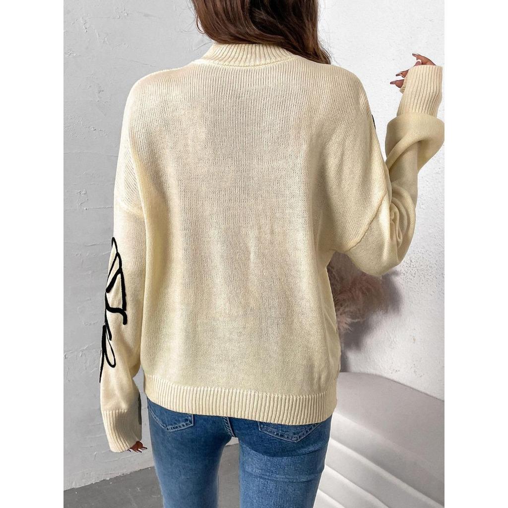 Women Floral Pattern High Neck Pullover Sweater Fashion Autumn Winter New for Women