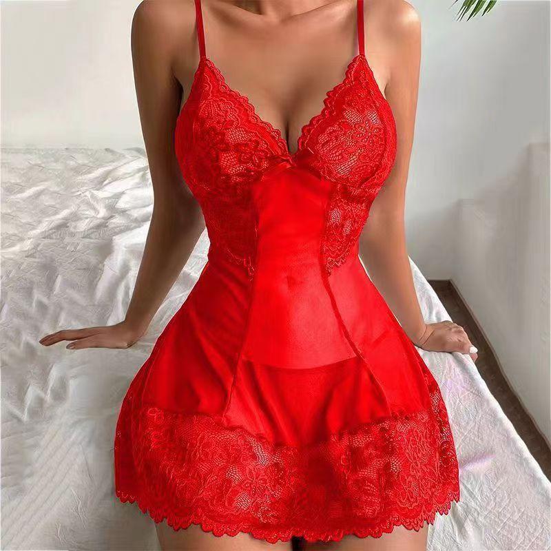Camisón de tirantes de verano Transparente Rojo Lencería Femenina Pijama Sexy Tul Cómodo Vestido de Noche Conjunto de Pijama G-string para Mujer
