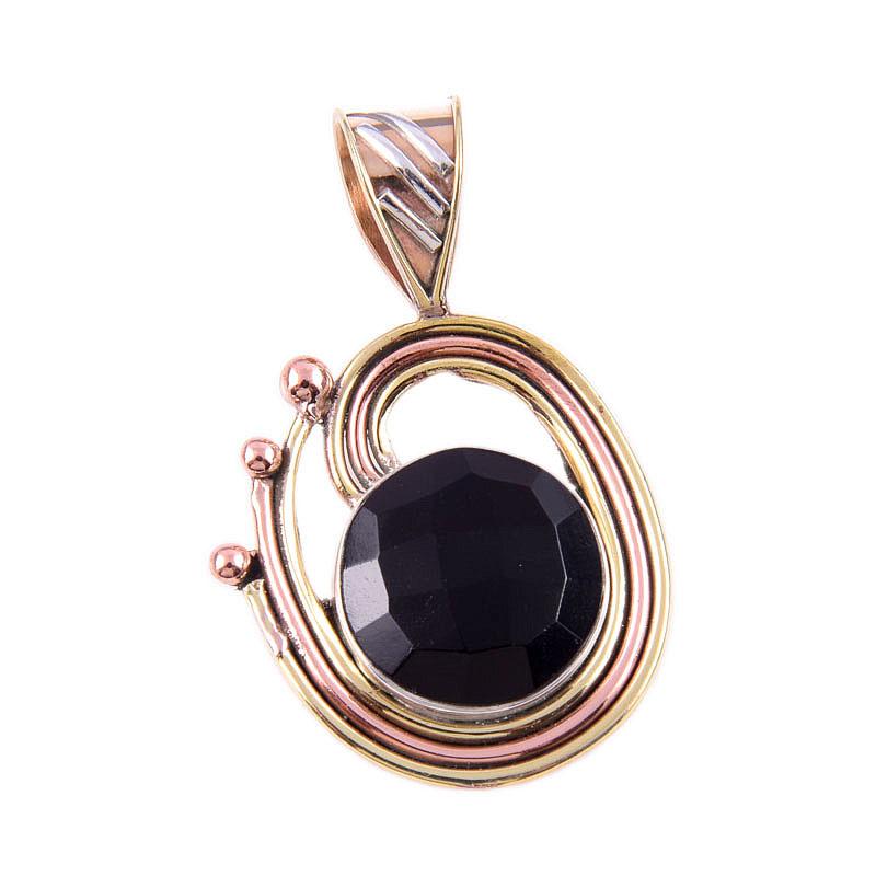 Natural Black Onyx Gemstone 925 Solid Sterling Silver TwoTone Pendant 1.50" j6t02