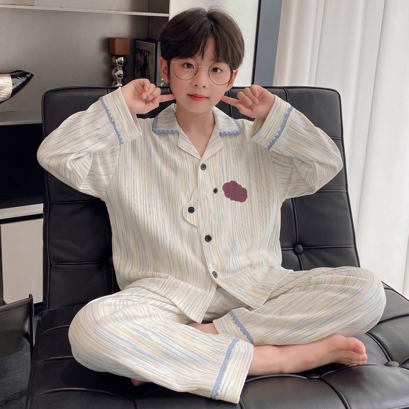 Boys Cotton Pajama Set Long Sleeve Open Front Cartoon Print Home Wear Kids Teens