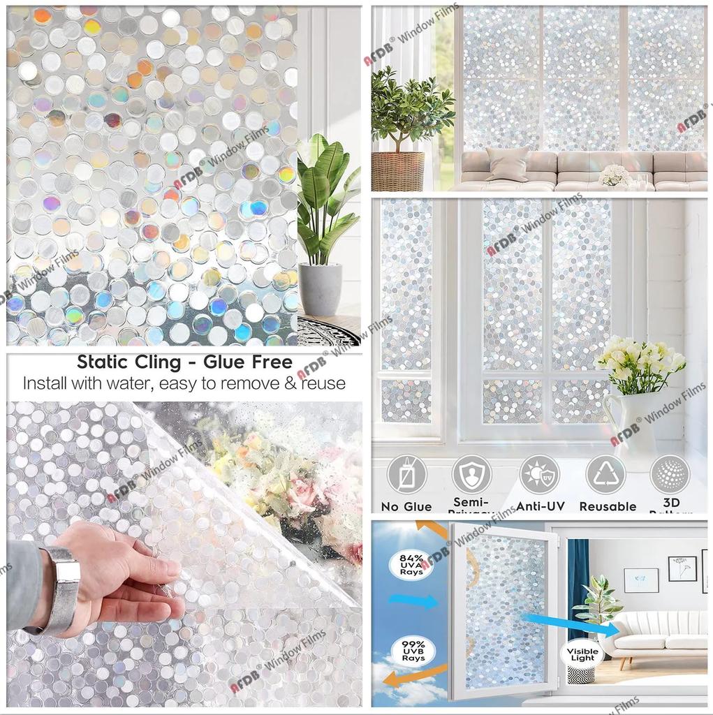 3D Rainbow Window Film Privacy Stained Glass Vinyl Self Adhesive Film Static Cling Heat Insulation Window Sticker for Home