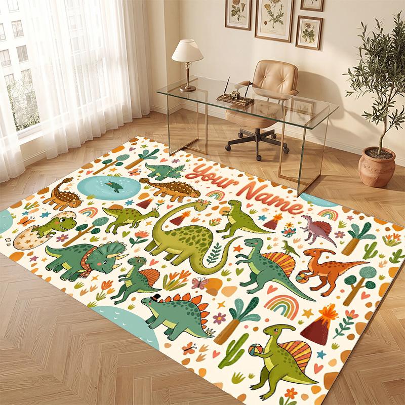 Dinosaur Theme Soft Crystal Velvet Rug Custom Name & Text Print Non Slip Floor Rug for Bedroom Living Room
