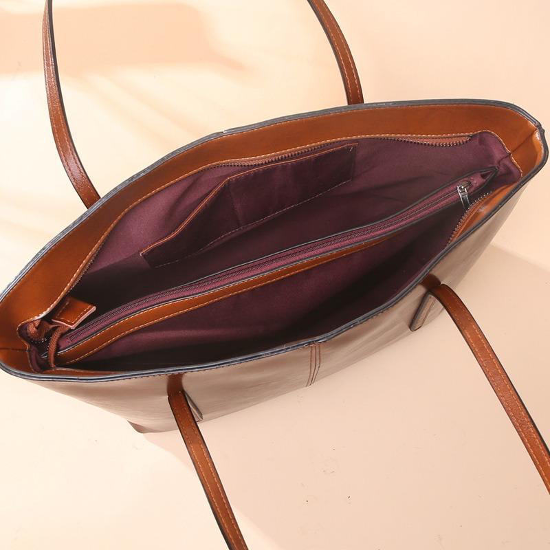 Leather Big Bag Style Oil Wax Leather Handbag Retro Tote Bag Shoulder Armpit Bag Retro Style