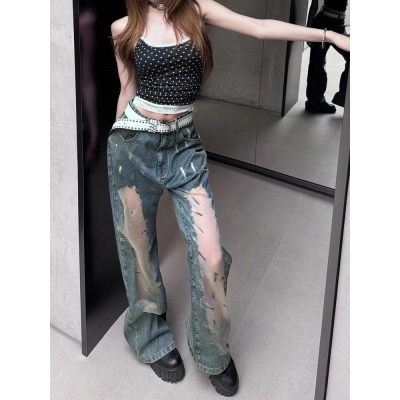 Jeans a vita alta strappati lavaggio retrò Spice Girl americana design estivo per bambini texture con texture vuota estesa pantaloni lunghi a zampa