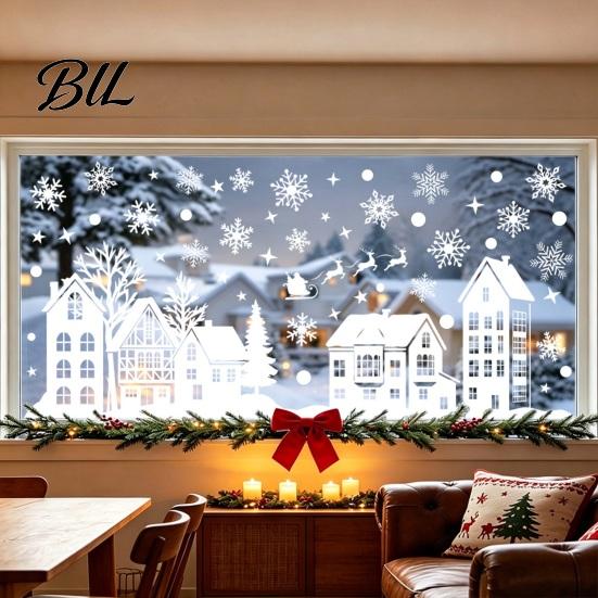 PVC Winter Scene Decorations 2Pcs Christmas Town Static Glass Sticker, Reusable Window Decal with Snowflake Decorative Film for Home Pattern,