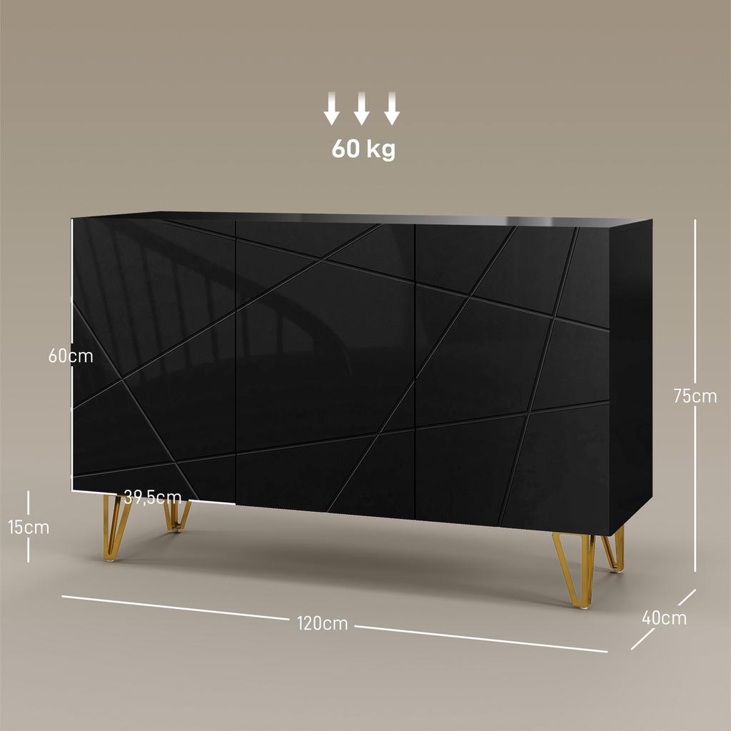 Living Room Sideboard, High-Gloss, 3 Soft-Close Doors, Adjustable Shelves, 120 x 40 x 75 cm, Black